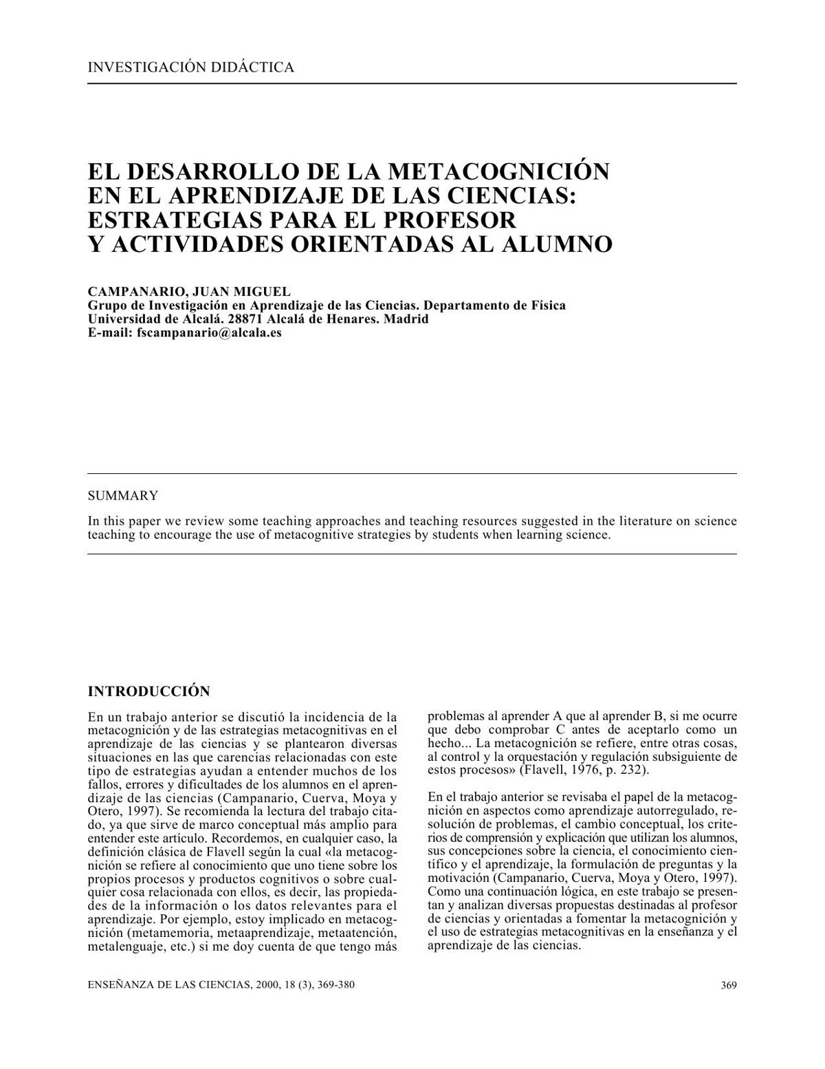 El desarrollo de la metacognición en el aprendizaje de las ciencias: estrategias para el profesor y actividades orientadas al alumno